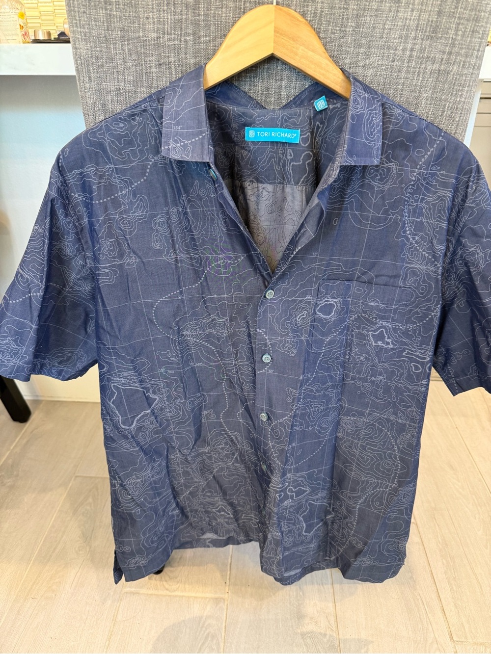 Tori Richard Navy Short-Sleeve Button-Up with Topographic Print